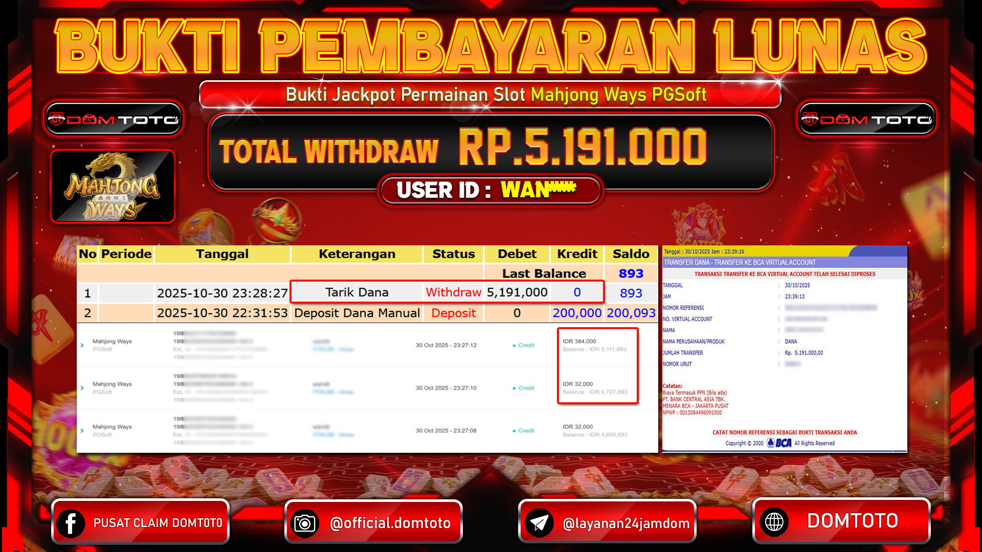 JACKPOT Slot Mahjong Ways PGSoft 30 OKTOBER 2025